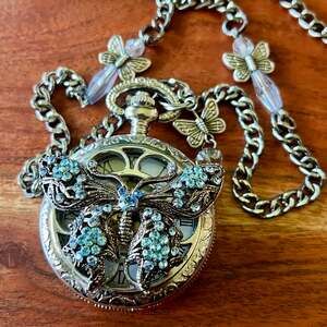 Vintage Pocket Watch Necklace Butterfly Charm Photo Locket Pendant Whimsigoth